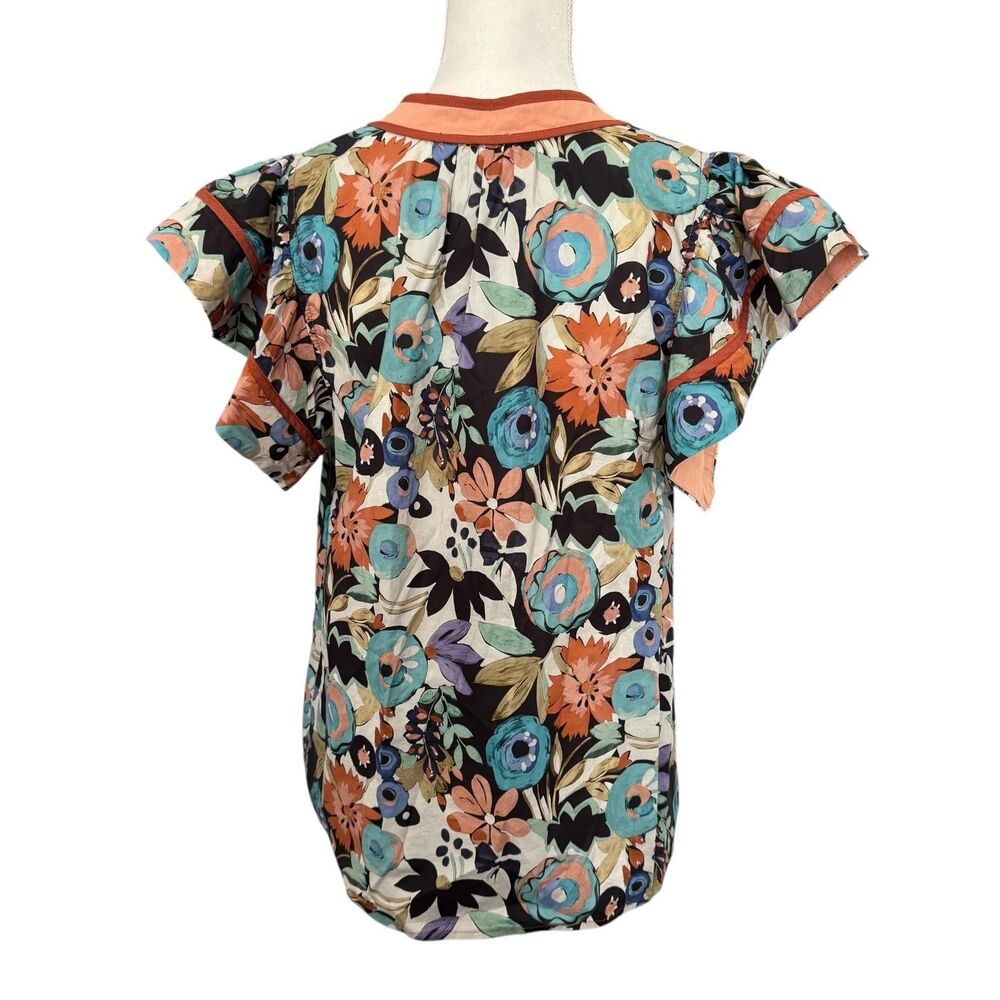 Entro Anthropologie Tropical Floral Ruffle Top Size Large Spring Summer - Picture 6 of 9
